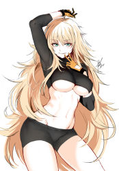 Rule 34 | 1girl, :p, :q, abs, arm up, bad id, bad pixiv id, bike shorts, black shorts, blonde hair, blush, breasts, commentary request, cropped shirt, fingers to cheek, girls&#039; frontline, gloves, green eyes, groin, hair between eyes, hairband, hip focus, large breasts, long hair, long sleeves, looking at viewer, messy hair, no bra, orange hairband, revision, ribs, s.a.t.8 (girls&#039; frontline), seductive smile, shorts, sidelocks, signature, simple background, skindentation, smile, solo, stomach, taesi, thighs, tongue, tongue out, underboob, very long hair, white background