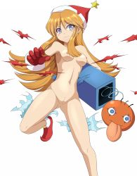 Rule 34 | 1girl, absurdres, armpits, blue eyes, blush stickers, breasts, brown hair, christmas, clam curry, cleft of venus, gloves, gluteal fold, hair between eyes, hat, highres, jack-in-the-box, looking to the side, medium breasts, navel, nude, orange hair, pointy ears, pussy, red gloves, shoes, simple background, torn clothes, white background
