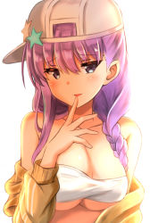 Rule 34 | 1girl, bare shoulders, bb (fate), bb (fate) (all), bb (swimsuit mooncancer) (fate), bb (swimsuit mooncancer) (first ascension) (fate), bikini, blue eyes, blush, braid, breasts, cleavage, collarbone, commentary request, fate/grand order, fate (series), flat cap, grey hat, hair between eyes, hat, head tilt, jacket, large breasts, long hair, looking at viewer, parted lips, purple hair, shibakame, sideways hat, simple background, smile, solo, swimsuit, white background, white bikini, yellow jacket
