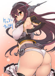 Rule 34 | 10s, 1girl, ass, blush, breasts, brown eyes, brown hair, elbow gloves, covered erect nipples, fingerless gloves, from behind, gloves, hobby (kento), jewelry, kantai collection, large breasts, long hair, looking back, miniskirt, nagato (kancolle), panties, personification, ring, skirt, solo, sweatdrop, thick thighs, thighhighs, thighs, underwear, undressing, wardrobe malfunction, wedding band