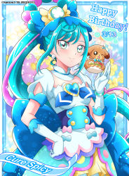 Rule 34 | 1girl, apron, blue background, blue dress, blue eyes, blue hair, braid, breasts, brooch, character name, cowboy shot, cure spicy, dated, delicious party precure, dress, earrings, elbow gloves, floral background, fork, fuwa kokone, gloves, gradient background, hair between eyes, hanzou, happy birthday, heart, heart brooch, highres, huge bow, jewelry, magical girl, pam-pam (precure), precure, puffy short sleeves, puffy sleeves, short sleeves, small breasts, solo, spoon, twitter username