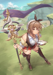 Rule 34 | 1girl, atelier (series), atelier ryza, atelier ryza 3, bare shoulders, beruu, black choker, black hairband, blue sky, braid, breasts, brown eyes, brown hair, brown thighhighs, brown vest, choker, cleavage, closed mouth, cloud, collared shirt, crown braid, detached sleeves, from above, full body, grass, hair between eyes, hair ornament, hairband, hairclip, highres, holding, holding staff, holster, jacket, jewelry, large breasts, looking at viewer, necklace, ocean, red shorts, reisalin stout, shirt, shore, short hair, short shorts, shorts, skindentation, sky, sleeveless, sleeveless jacket, sleeveless shirt, smile, solo, staff, thigh holster, thighhighs, vest, white hair, yellow jacket