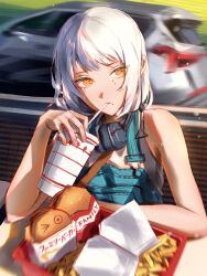 Rule 34 | 1girl, absurdres, burger, car, chainsaw man, denim apron, drink, drinking straw, earrings, fami (chainsaw man), family burger (chainsaw man), family burger mascot (chainsaw man), food, french fries, headphones, headphones around neck, highres, jewelry, kozzz y, looking to the side, mole, mole under eye, mole under mouth, motion blur, motor vehicle, multiple moles, ringed eyes, short hair, solo, suspenders, tank top, tassel, tassel earrings, white hair, white tank top, yellow eyes