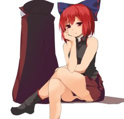 Rule 34 | 1girl, bad id, bad twitter id, bandages, bare shoulders, blush, boots, cape, unworn cape, hair ornament, hair ribbon, hasebe yuusaku, crossed legs, looking at viewer, miniskirt, red eyes, red hair, red skirt, ribbon, sekibanki, shirt, short hair, simple background, sitting, skirt, sleeveless, solo, touhou, white background