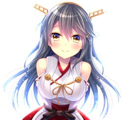 Rule 34 | 1girl, bare shoulders, black hair, detached sleeves, hair between eyes, hairband, haruna (kancolle), headgear, japanese clothes, kantai collection, long hair, nontraditional miko, red skirt, simple background, skirt, smile, solo, white background, yellow eyes, yuzukaze rio