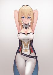 Rule 34 | 1girl, armpits, arms up, bare shoulders, belt, blonde hair, blue eyes, blush, breasts, cameltoe, chinese commentary, cleavage, closed mouth, cowboy shot, detached collar, genshin impact, gluteal fold, gradient background, hair between eyes, highres, jean (genshin impact), large breasts, long hair, looking at viewer, pants, ponytail, sidelocks, simple background, solo, thigh gap, z282g