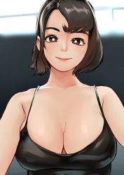 Rule 34 | 1girl, absurdres, bare shoulders, black one-piece swimsuit, blurry, blurry background, breasts, brown eyes, brown hair, bunny ayumi, cleavage, highres, large breasts, looking at viewer, one-piece swimsuit, real life, shirofugu, short hair, smile, solo, swimsuit, upper body