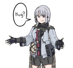 Rule 34 | 1girl, breasts, cowboy shot, denyel, english text, girls&#039; frontline, gloves, highres, looking afar, open mouth, purple eyes, rpk-16 (girls&#039; frontline), short hair, silver hair, simple background, smile, solo, speech bubble, white background