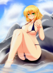 Rule 34 | 1girl, bikini, black bikini, blonde hair, breasts, green eyes, highres, large breasts, looking at viewer, mizuhashi parsee, parmiria, partially submerged, pointy ears, smile, steam, strap gap, strap lift, swimsuit, touhou