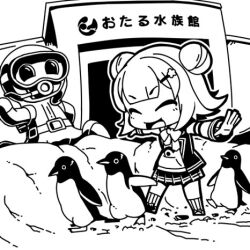 Rule 34 | 1girl, aquarium, bird, bow, bowtie, building, cevio, closed eyes, commentary request, double bun, flipped hair, following, greyscale, hair bun, jacket, jacket over hoodie, koharu rikka, lowres, mascot, monochrome, moyasiwhite, open clothes, open jacket, otaru (hokkaido), outdoors, outline, outstretched arms, penguin, pleated skirt, real world location, second-party source, short hair, skirt, smile, snow, socks, solo, spread arms, statue, synthesizer v, v-shaped eyebrows, walking