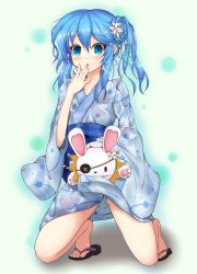 Rule 34 | 10s, 1girl, alternate hairstyle, bad id, bad pixiv id, blue eyes, blue hair, blush, collarbone, date a live, feet, flower, hand puppet, japanese clothes, long hair, long sleeves, matching hair/eyes, open mouth, puppet, rabbit, side ponytail, solo, toes, wide sleeves, yoshino (date a live), yoshinon, zegdos