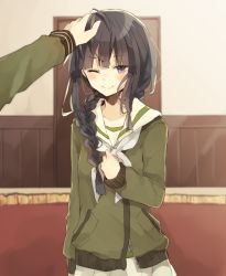 Rule 34 | 10s, 1girl, ;), black eyes, black hair, braid, chibirisu, female pov, hand on another&#039;s head, highres, kantai collection, kitakami (kancolle), long hair, one eye closed, ooi (kancolle), headpat, pov, pov hands, remodel (kantai collection), school uniform, smile, solo focus