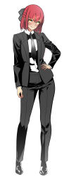 Rule 34 | 1girl, absurdres, black bow, black footwear, black necktie, black pants, blush, bow, chainsaw man, collared shirt, commentary, contrapposto, english commentary, formal, fukou, full body, hair between eyes, hand on own hip, highres, jacket, kohaku (tsukihime), long sleeves, looking at viewer, medium hair, necktie, pants, red hair, shirt, simple background, smile, solo, standing, suit, tsukihime, white background, white shirt, yellow eyes