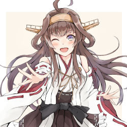 Rule 34 | 1girl, ahoge, brown hair, brown skirt, commentary request, dairyo3, detached sleeves, double bun, hair bun, hairband, headgear, japanese clothes, kantai collection, kongou (kancolle), long hair, looking at viewer, one eye closed, pleated skirt, purple eyes, ribbon-trimmed sleeves, ribbon trim, simple background, skirt, solo, white background