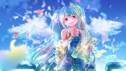 Rule 34 | 1girl, blue hair, blue sky, cloud, collarbone, day, floating hair, hair between eyes, hatsune miku, head tilt, holding, holding map, index finger raised, long hair, looking at viewer, map, outdoors, overalls, purple eyes, shigemu room, sitting, sky, smile, solo, twintails, very long hair, vocaloid, wings