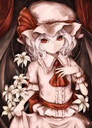 Rule 34 | 1girl, ascot, bad id, bad pixiv id, bat wings, bow, brooch, cowboy shot, curtains, dress, eyes visible through hair, flower, frilled shirt collar, frilled sleeves, frills, hand on own chest, hat, hat ribbon, holding, holding clothes, holding dress, jewelry, looking at viewer, mob cap, moose (moosu193), pink dress, red bow, red eyes, red ribbon, remilia scarlet, ribbon, ribbon trim, sash, short hair, short sleeves, touhou, white flower, white hair, wings