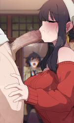 Rule 34 | 1girl, 2boys, bangs, bare shoulders, black hair, blurry, blurry background, breasts, censored, closed eyes, depth of field, erection, fellatio, from side, hairband, hetero, highres, kakure eria, large breasts, long hair, long sleeves, mosaic censoring, multiple boys, off-shoulder sweater, off shoulder, oral, penis, profile, red sweater, sidelocks, spy x family, stray pubic hair, sweater, yor briar, yuri briar