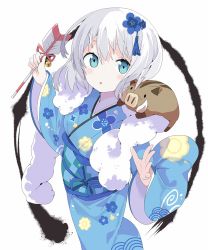 Rule 34 | 1girl, :o, animal, animal on shoulder, arrow (projectile), bell, blue eyes, blue flower, blue kimono, blush, chinese zodiac, commentary request, floral print, flower, fur collar, furisode, hair between eyes, hair flower, hair ornament, hamaya, highres, holding, holding arrow, japanese clothes, jingle bell, kimono, long sleeves, looking at viewer, obi, original, parted lips, pig, print kimono, sash, simple background, solo, tantan men (dragon), white background, white hair, wide sleeves, year of the pig