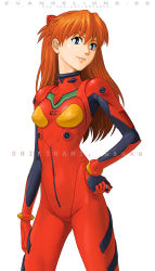 Rule 34 | 00s, 1girl, bad id, bad pixiv id, blue eyes, character name, copyright name, cowboy shot, english text, evangelion: 2.0 you can (not) advance, from side, hair between eyes, hand on own hip, legs apart, lips, long hair, neon genesis evangelion, orange hair, plugsuit, rebuild of evangelion, simple background, solo, souryuu asuka langley, standing, two side up, watanabe yasuaki, white background