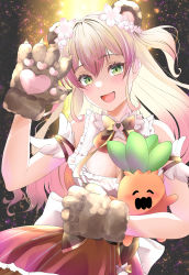 Rule 34 | 1girl, :d, absurdres, animal ears, animal hands, arm garter, bear ears, bear paws, bell, blonde hair, bow, bowtie, breasts, carrying, carrying under arm, cleavage, cleavage cutout, clothing cutout, detached sleeves, fang, flower, frilled shirt, frilled skirt, frills, gloves, gradient hair, green eyes, hair between eyes, hair flower, hair ornament, highres, hololive, jingle bell, large breasts, long hair, looking at viewer, momosuzu nene, multicolored hair, multicolored neckwear, neck bell, nekko (momosuzu nene), open mouth, orange skirt, paw gloves, peach ornament, ritohasu 0522, shirt, short sleeves, skirt, smile, solo, two side up, virtual youtuber, waving