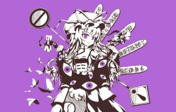 Rule 34 | 1girl, bug, butterfly, clip studio paint (medium), cowboy shot, dress, frilled dress, frills, gap (touhou), hat, hat ribbon, holding, insect, long hair, long sleeves, mob cap, monochrome, purple background, purple eyes, purple theme, ribbon, road closed to vehicles sign, road sign, rod of remorse, shen li, sign, solo, sotoba, stop sign, tabard, touhou, white dress, wide sleeves, yakumo yukari
