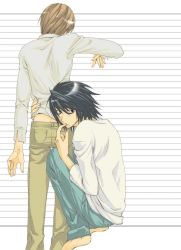 Rule 34 | 00s, 2boys, ass, bags under eyes, barefoot, black eyes, black hair, brown hair, death note, denim, finger to mouth, from behind, full body, holding, jeans, l (death note), long sleeves, looking at viewer, male focus, multiple boys, pants, shirt, short hair, simple background, squatting, sweater, white shirt, yagami light, yaoi