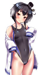 Rule 34 | 1girl, alternate costume, anchor, anchor symbol, bare shoulders, black hair, black one-piece swimsuit, blush, breasts, brown eyes, buttons, closed mouth, collarbone, competition swimsuit, covered navel, cowboy shot, gradient hair, grey hair, groin, hair between eyes, hairband, hat, head tilt, headgear, highleg, highleg swimsuit, highres, kantai collection, long sleeves, looking at viewer, mini hat, multicolored hair, one-piece swimsuit, short hair with long locks, sidelocks, simple background, skindentation, small breasts, smile, solo, standing, swimsuit, swimsuit under clothes, thighs, tokitsukaze (kancolle), tsuchimiya, white background