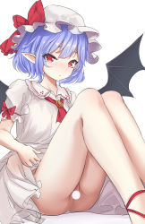 Rule 34 | 1girl, :o, absurdres, ass, bad id, bad pixiv id, bat wings, blush, bow, brooch, censored, cleft of venus, clothes lift, commentary request, dress, eyebrows hidden by hair, feet out of frame, flat chest, hat, hat bow, highres, jewelry, kaoshuzi, knees up, lifting own clothes, looking at viewer, mob cap, no panties, nose blush, pointy ears, purple hair, pussy, red bow, red eyes, red neckwear, remilia scarlet, short hair, simple background, sitting, skirt, skirt lift, slit pupils, solo, touhou, upskirt, white background, white dress, white hat, wings