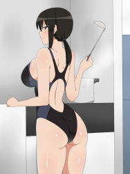 Rule 34 | 1girl, ass, back, backboob, bare arms, bare legs, bare shoulders, black hair, blush, breasts, cooking, from behind, highres, holding, kagemusha, kitchen, ladle, large breasts, legs, long hair, looking back, original, ponytail, purple eyes, shiny skin, smile, standing, steam, swimsuit, thighs