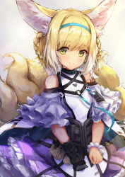 Rule 34 | 1girl, absurdres, animal ear fluff, animal ears, apron, arknights, bare shoulders, black gloves, blonde hair, blouse, blue hairband, blush, braid, braided hair rings, breasts, closed mouth, fox ears, fox girl, fox tail, gloves, hair rings, hairband, highres, infection monitor (arknights), kitsune, looking at viewer, material growth, multicolored hair, oripathy lesion (arknights), pleated skirt, purple skirt, shirt, single glove, skirt, small breasts, smile, solo, suzuran (arknights), tail, trrcmb, twin braids, two-tone hair, waist apron, white apron, white hair, white shirt, yellow eyes
