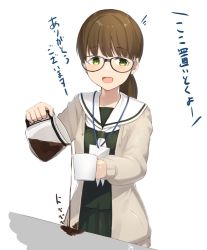 Rule 34 | 1girl, :d, beige cardigan, blunt bangs, brown hair, c2-chan, c2 kikan, cardigan, coffee, coffee pot, cowboy shot, cup, dress, failure, glasses, green eyes, id card, low ponytail, meth (emethmeth), mug, open mouth, pouring, sailor collar, sailor dress, smile, spilling, stained clothes, white neckwear
