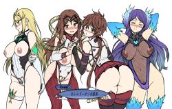Rule 34 | 4girls, alternate costume, armband, arms up, ass, back, bare shoulders, blush, braid, breasts, brighid (xenoblade), cameltoe, closed eyes, closed mouth, clothes lift, collar, collarbone, colorized, covered navel, elbow gloves, fan la norne, french braid, gem, gloves, hair ornament, headpiece, heart, holding, holding hands, huge breasts, jewelry, large breasts, long hair, looking at viewer, lora (xenoblade), multiple girls, mythra (xenoblade), navel, necktie, nervous, nintendo, nipples, nude, pantyhose, ponytail, pubic hair, revealing clothes, ribbon, sanagi torajirou, short hair, shy, simple background, skirt, skirt lift, smile, splooshofcolor (colorist), sweat, sweatdrop, thigh strap, thighhighs, third-party edit, tiara, translation request, tsundere, unusually open eyes, very long hair, white background, xenoblade chronicles (series), xenoblade chronicles 2, xenoblade chronicles 2: torna - the golden country