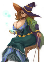 Rule 34 | 1girl, absurdres, ascot, breasts, brown eyes, brown hair, cape, chair, cleavage, crossed legs, curly hair, glasses, grand knights history, hat, high heels, highres, huge breasts, jewelry, long hair, looking at viewer, magic, muse cromwell, pantyhose, ring, scepter, shoes, simple background, sitting, solo, witch hat, zarusobababa