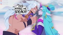 Rule 34 | 1boy, 1girl, absurdres, angry, bare shoulders, bead necklace, beads, blue nails, closed mouth, colored skin, english text, eye contact, fangs, gradient background, green hair, grey background, grey hair, grey skin, hair bun, hair ornament, highres, holding hands, horns, jewelry, league of legends, long hair, long sleeves, looking at another, nail polish, necklace, odeko yma, official alternate costume, outline, pointy ears, purple eyes, sett (league of legends), sharp teeth, single hair bun, single horn, soraka (league of legends), speech bubble, spirit blossom sett, spirit blossom soraka, teeth, topless male, white outline