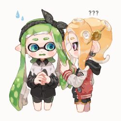 Rule 34 | 2girls, aqua eyes, bike shorts, black bow, black hairband, black shorts, blonde hair, blush, bow, commentary request, cowboy shot, earrings, fang, green hair, hairband, highres, inkling, inkling girl, inkling player character, jacket, jewelry, letterman jacket, long hair, medium hair, multiple girls, myon rio, nintendo, octoling, octoling girl, octoling player character, open mouth, own hands together, pointy ears, red eyes, short shorts, shorts, simple background, splatoon (series), standing, sweat, tentacle hair, white background, yellow trim