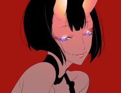 Rule 34 | 1girl, black hair, closed mouth, commentary request, eyelashes, eyeshadow, fate/grand order, fate (series), half-closed eyes, horns, looking at viewer, makeup, oni, ponytail, portrait, purple eyes, red background, short hair, shuten douji (fate), simple background, skin-covered horns, slit pupils, smile, solo, tenobe