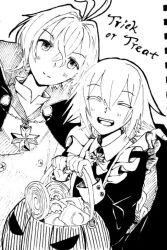 Rule 34 | 1boy, 1girl, ahoge, closed eyes, couple, fate/apocrypha, fate/grand order, fate (series), greyscale, hair between eyes, halloween, halloween bucket, halloween costume, holding, jeanne d&#039;arc (fate), jeanne d&#039;arc (ruler) (fate), jewelry, looking at viewer, monochrome, necklace, short hair, sieg (fate), smith, white background