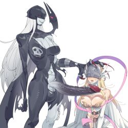 Rule 34 | 1futa, 1girl, angel, angel wings, angewomon, armor, bare shoulders, belt, black bodysuit, black lips, black mask, blonde hair, blush, bodysuit, breastplate, breasts, cleavage, clothing cutout, colored skin, commentary, covered eyes, cowboy shot, demon girl, digimon, digimon (creature), english commentary, fang, feathered wings, full-package futanari, futanari, gloves, grey skin, head grab, head wings, helmet, helmet over eyes, highres, huge penis, ladydevimon, large breasts, long hair, navel, o-ring, penis, pink ribbon, red nails, ribbon, simple background, single glove, stitches, stomach cutout, testicles, torn bodysuit, torn clothes, upper body, very long fingernails, white background, white gloves, white hair, white wings, wings, zocehuy