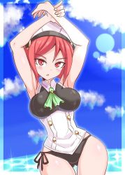 Rule 34 | 1girl, arms up, azure striker gunvolt, azure striker gunvolt 2, breasts, cougar (cougar1404), green neckwear, large breasts, looking at viewer, maid, nori (gunvolt), nowa (gunvolt), red eyes, red hair, short hair, solo, swimsuit