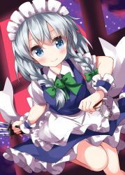 Rule 34 | 1girl, apron, blue dress, blue eyes, blush, bow, braid, breasts, dress, feet out of frame, frilled apron, frills, full moon, green bow, green ribbon, hair between eyes, hair bow, highres, holding, holding knife, holding weapon, izayoi sakuya, knife, looking at viewer, maid, maid apron, maid headdress, moon, night, petticoat, pocket watch, puffy short sleeves, puffy sleeves, ribbon, ruu (tksymkw), shirt, short hair, short sleeves, smile, solo, thighs, touhou, twin braids, waist apron, watch, weapon, white apron, white shirt, wrist cuffs