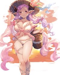Rule 34 | 1girl, absurdres, ayacho, basket, bikini, blue eyes, blush, braid, breasts, cleavage, collarbone, draph, fingernails, granblue fantasy, hair ornament, hairclip, hat, highres, horns, huge breasts, laruna (granblue fantasy), light purple hair, long hair, looking at viewer, low tied hair, mature female, navel, parted lips, pointy ears, shiny skin, simple background, single braid, smile, solo, stomach, straw hat, swimsuit, thighs, water, water drop, wet, white bikini