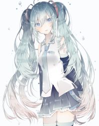 Rule 34 | 1girl, ahoge, bare shoulders, black skirt, black sleeves, blue eyes, blush, breasts, collared shirt, commentary, detached sleeves, frilled skirt, frills, green hair, grey background, hair between eyes, hair ornament, hatsune miku, highres, long hair, long sleeves, looking at viewer, parted lips, pleated skirt, shirt, siho (ricchil), simple background, skirt, sleeveless, sleeveless shirt, sleeves past wrists, small breasts, solo, thighhighs, twintails, very long hair, vocaloid, water drop, white shirt