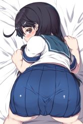 Rule 34 | 10s, 1girl, all fours, ass, black hair, blush, brown eyes, clenched hands, come hither, highres, kantai collection, long hair, looking back, on bed, sakimori dan, school uniform, serafuku, skirt, solo, ushio (kancolle)