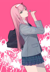 Rule 34 | 1girl, absurdres, bag, blazer, candy, cowboy shot, darling in the franxx, food, from side, green eyes, grey jacket, hairband, highres, holding, holding candy, holding food, holding lollipop, horns, jacket, lollipop, long hair, looking at viewer, looking to the side, necktie, pink hair, plaid, plaid necktie, plaid neckwear, plaid skirt, pleated skirt, school bag, school uniform, skirt, solo, sylvia (huajiuhuajiu), white hairband, zero two (darling in the franxx)
