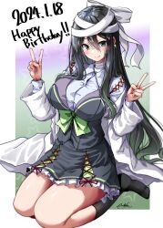 Rule 34 | 1girl, absurdres, black hair, black skirt, black socks, black vest, bow, breasts, collared shirt, commentary request, dated, double v, dress shirt, earrings, frilled skirt, frills, green bow, grey eyes, grey shirt, hair between eyes, hands up, happy birthday, highres, ice cream mad lab, jewelry, lab coat, large breasts, mokufuu, no shoes, off shoulder, open clothes, seika michi, seiza, shirt, signature, sitting, skirt, sky, socks, solo, star (sky), starry sky, v, vest, virtual youtuber