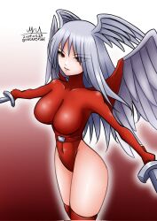 Rule 34 | 1girl, angel wings, belt, breasts, dated, dual wielding, final fantasy, final fantasy tactics, grey hair, head wings, highleg, highleg leotard, highres, holding, holding sword, holding weapon, large breasts, leotard, long hair, looking at viewer, myu (nature256), red eyes, red leotard, signature, smile, solo, sword, twitter username, two-tone background, ultima (fft), upper body, weapon, wings