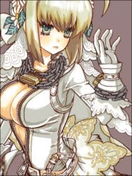 Rule 34 | 10s, 1girl, ahoge, blonde hair, bodysuit, breasts, center opening, chain, cleavage, fate/extra, fate/extra ccc, fate (series), gloves, green eyes, hair ribbon, large breasts, lock, nero claudius (bride) (fate), nero claudius (fate), nero claudius (fate), padlock, ribbon, solo, tegaki, veil, warai, zipper