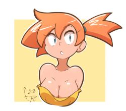 Rule 34 | 1girl, asymmetrical hair, bare arms, breasts, cleavage, creatures (company), cropped shirt, eyelashes, eyeshadow, fernal-red, game freak, gen 1 pokemon, green eyes, hair tie, highres, looking at viewer, makeup, medium breasts, midriff, misty (pokemon), navel, nintendo, orange hair, pokemon, pokemon (anime), pokemon (classic anime), ponytail, red eyeshadow, shirt, short hair, side ponytail, simple background, sleeveless, sleeveless shirt, solo, suspenders, sweatdrop, upper body, wet, yellow shirt