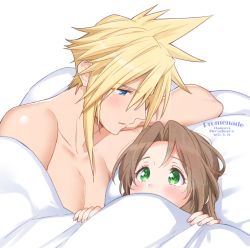 Rule 34 | 1boy, 1girl, 2021, aerith gainsborough, bad id, bad pixiv id, blonde hair, blue eyes, blush, brown hair, cloud strife, collarbone, couple, dated, final fantasy, final fantasy vii, green eyes, hair between eyes, hair intakes, hetero, krudears, long hair, open mouth, pectoral cleavage, pectorals, simple background, spiked hair, twitter username, under covers, upper body, watermark, white background