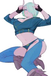 Rule 34 | absurdres, angel (kof), backless pants, boots, cowboy boots, crop top, cropped jacket, fingerless gloves, gloves, hair over one eye, highres, horns pose, index fingers raised, jacket, leather, leather jacket, midriff, pants, rikikitty, snk, the king of fighters, white hair